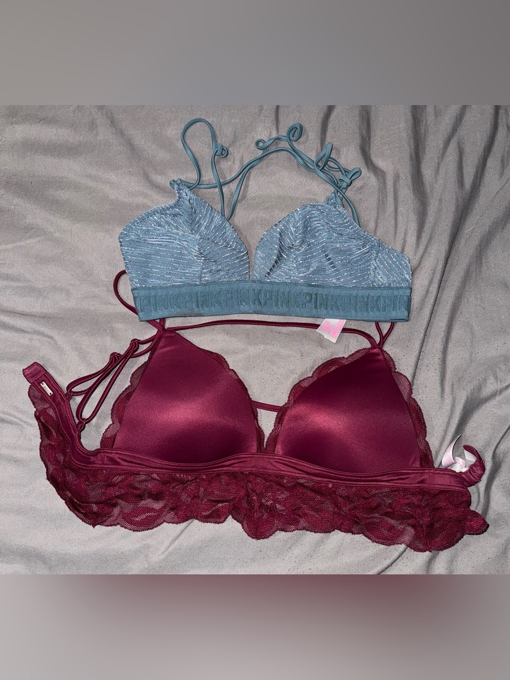 Pair of Victoria’s Secret PINK Bra Bralette Strappy Lace Blue Burgundy Sz Small